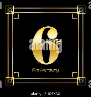 Number Six Logo Design With Square Ornament, luxury golden design, anniversary concept, vector illustration Stock Vector