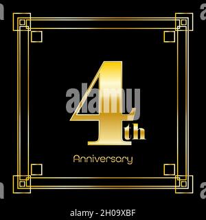 Number Four Logo Design With Square Ornament, luxury golden design, anniversary concept, vector illustration Stock Vector