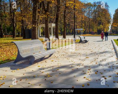 Moscow. Russia. October 10, 2021. Yellow autumn leaves on the bench and on the sidewalk of the city park in bright sunlight. Against a blurred background, an elderly couple walks along the park alley. Stock Photo