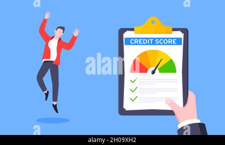 Good credit score business concept with clipboard, score gauge meter and happy person jumping in the air. Stock Vector