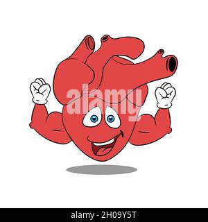 Strong heart with thick biceps, CArtoon character, healthy heart, vector illustration Stock Vector