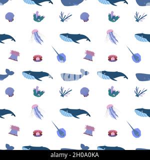 Sea animal seamless pattern with whale, jellyfish and stringray, seashell, coral. Undersea world habitants print. Hand drawn underwater life vector illustration. Funny cartoon marine animals Stock Vector