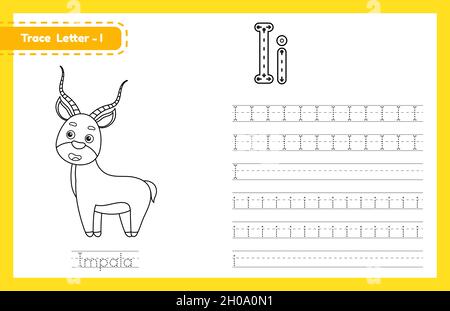 Trace letter I uppercase and lowercase. Alphabet tracing practice preschool worksheet for kids learning English with cute cartoon animal. Coloring boo Stock Vector