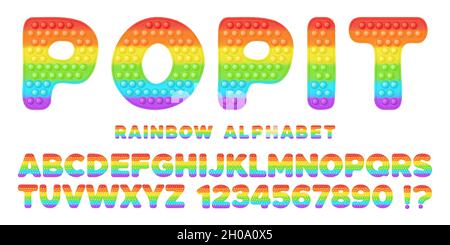 Popit font design - alphabet and numbers set in style of trendy silicon fidget toys. Pop it toy for fidget in bright colors. Bubble sensory letters as Stock Vector
