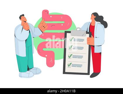 Two doctors brainstorm examine human intestine and digestive system, fill patient medical card. Therapists check person gastrointestinal tract and digestion. Good nutrition, diet. Vector illustration. Stock Vector