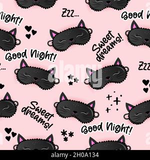 Sleeping mask black cat lashes pattern with good night, sweet dreams and zzz... text - funny doodle, seamless pattern. sleeping mask, stars, hearts. C Stock Vector