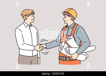Cooperation between management and engineering concept. Young smiling men engineer constructor and manager customer standing shaking hands after successful collaboration vector illustration  Stock Vector