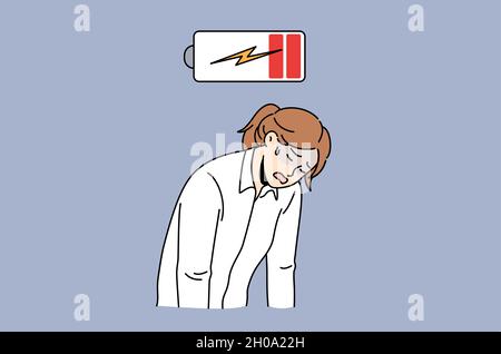 Exhaustion and Low energy concept. Young sad depressed tired woman office worker standing with hands down feeling totally exhausted with battery low vector illustration  Stock Vector