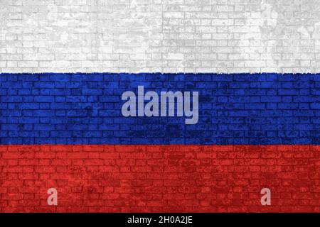 Wall of bricks painted with the of Russia Flag, white, blue and red in 3D background. Concept of social barriers of immigration, divisions, and Stock Photo