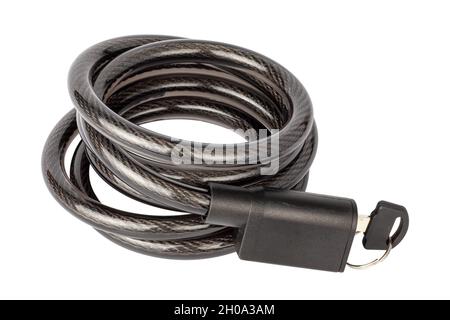 Bicycle lock on a white background. Bicycle rope. Black castle. Isolate on white. Stock Photo