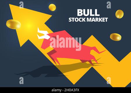 Bull or bullish run icon with growth arrow graph and bars. Concepts for share market of Bull and bear stock market exchange or finance. Vector Stock Vector