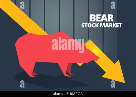 Bear or bearish icon with down arrow graph and bars. Concepts for share market of bull and bear stock market exchange or finance. Vector Illustrator. Stock Vector