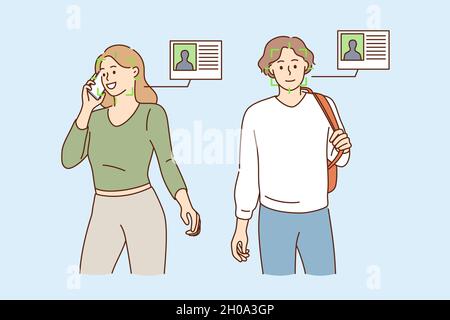 Scanning faces and identity concept. Young smiling man and woman cartoon characters standing with green scan on faces and identity cards nearby vector illustration  Stock Vector