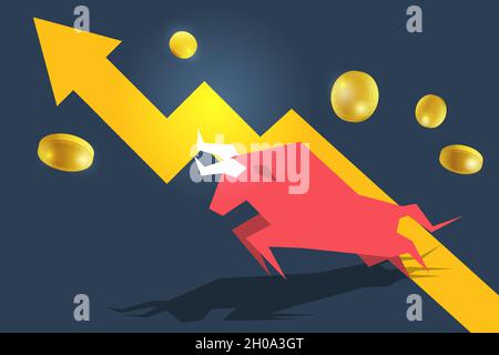 Bull or bullish run icon with growth arrow graph and bars. Concepts for share market of Bull and bear stock market exchange or finance. Vector Stock Vector