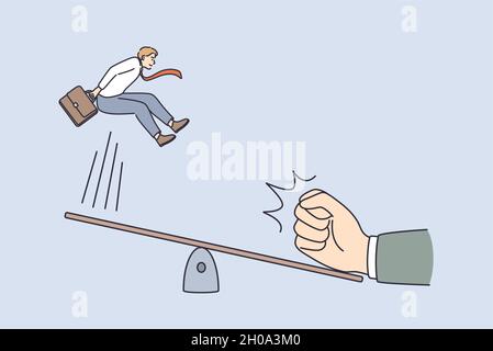 Great start and innovation concept. Young smiling businessman jumping from swing with human hand making push from another side vector illustration  Stock Vector
