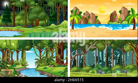 Four different nature horizontal scenes illustration Stock Vector