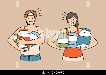 Dietary supplement and sport concept. Young smiling couple in sportswear standing holding jars with vitamins an dietary supplements vector illustration  Stock Vector