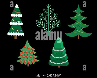 Set of different, Christmas trees with garlands Stock Vector