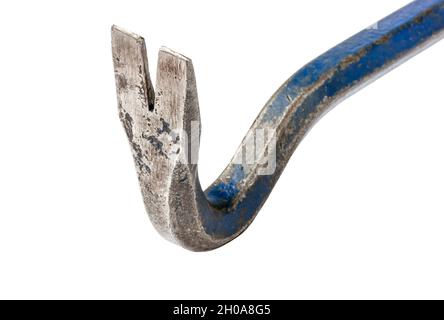 Steel crowbar on a white background. Tool for pulling out nails. Stock Photo