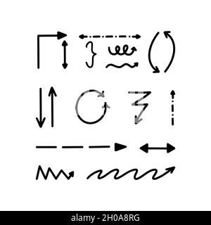 Set of hand drawn decorative arrow icon. Sketch style vector illustration. Arrows element painted a brush-pen. Isolated Doodle line curve for business Stock Vector