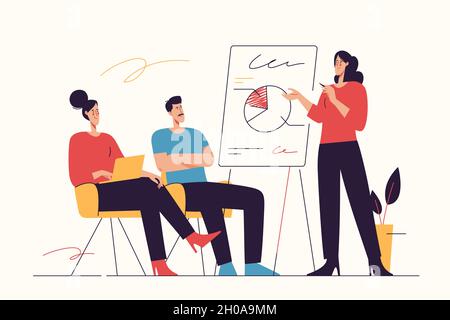 Vector illustration depicting a group of businesspeople listening to the trainer, coach, speaker at seminar. Editable stroke Stock Vector