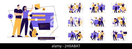 Collection of vector illustrations on the subject of digital business transformation, technologies, communication. Editable stroke Stock Vector
