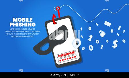 Hacker mask and fishing hook isolated on blue background. Phishing scam, Hacking credit cards, passwords and personal information. Cyber banking. Stock Vector