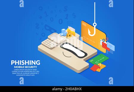 Hacker mask and fishing hook isolated on blue background. Phishing scam, Hacking credit cards, passwords and personal information. Cyber banking. Stock Vector
