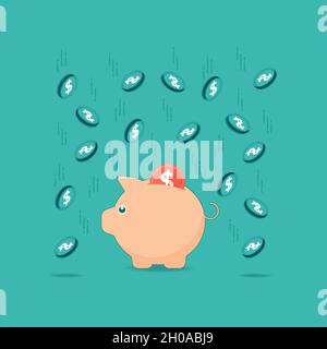 Piggy bank icon with falling coins vector illustration on a turquoise teal background. Saving, investment in future or save money or open a bank Stock Vector
