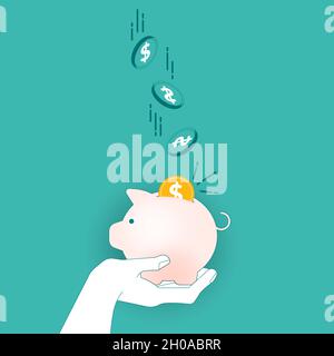 Piggy bank icon with falling coins vector illustration on a turquoise teal background. Saving, investment in future or save money. Stock Vector