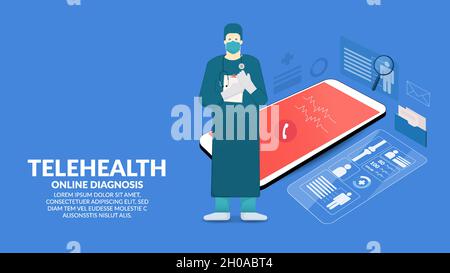 Online Medical. Mobile phone with  telemedicine application. Diagnostic and consultation with the telemedicine. Health care online services Telehealth Stock Vector
