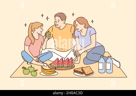 Having picnic and leisure time with family concept. Smiling happy family father mother daughter sitting together eating fruits having picnic vector illustration  Stock Vector