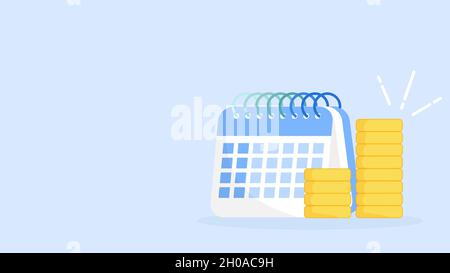 Calendar icon with coins vector illustration isolated on blue background. Saving, investment in future or save money or open a bank deposit concept. Stock Vector