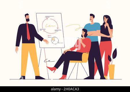 Vector illustration depicting a group of businesspeople listening to the trainer, coach, speaker at seminar. Editable stroke Stock Vector