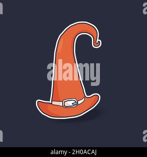 Hand drawn vector of horror halloween witch hat sticker. Autumn holidays. Creepy and spooky graphic elements for halloween decorations. Stock Vector