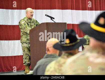 Command Sergeant Major Roy Marchert, outgoing senior enlisted leader of the Ga. Department of Defense addresses Soldiers, Airmen and State Defense Force Volunteers during a ceremony at Dobbins, Air Reserve Base in Marietta, Ga. Jan. 8, 2021. During the ceremony, Command Sgt. Major Matthew Marks accepted responsibility as the Ga. DOD’s incoming senior enlisted leader. Stock Photo