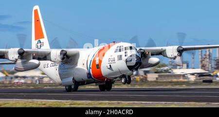 An Air Station Barbers Point HC-130 Hercules aircrew deploys to search for the crew of the fishing vessel Yong-Yu-Sing No. 18, 550-miles northeast of Midway Island, Jan. 8, 2020. The search had been ongoing since Dec. 31, 2020, after Rescue Coordination Center Taipei lost contact with the vessel. Stock Photo