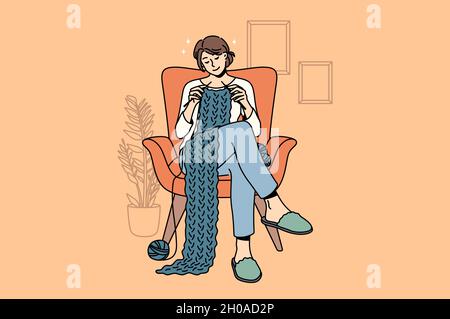 Knitting and Home hobbies concept. Young smiling woman cartoon character sitting at home in armchair knitting scarf with wool enjoying hobby vector illustration  Stock Vector