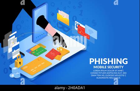 The hacker hands extending from the phone to steal money.Hacking credit cards, passwords and personal information.Cyber banking account attack. Stock Vector