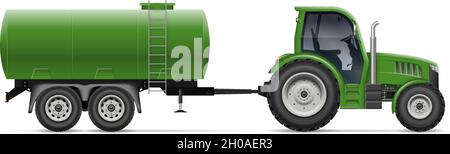Tractor with tank vector illustration view from side. Agricultural vehicle mockup isolated on white. All elements in the groups on separate layers Stock Vector