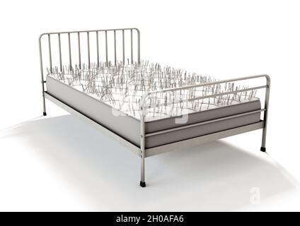 A literal metaphor showing a metal framed bed with a mattress covered in nails on an isolated white studio background - 3D render Stock Photo