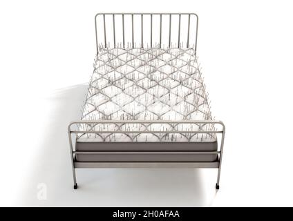 A literal metaphor showing a metal framed bed with a mattress covered in nails on an isolated white studio background - 3D render Stock Photo