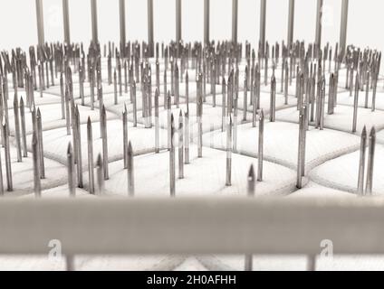 A literal metaphor showing a metal framed bed with a mattress covered in nails on an isolated white studio background - 3D render Stock Photo