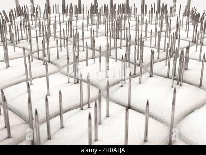 A literal metaphor showing a metal framed bed with a mattress covered in nails on an isolated white studio background - 3D render Stock Photo