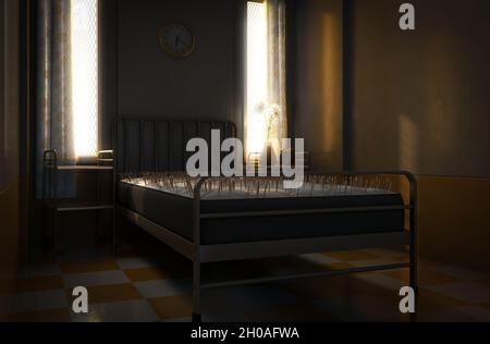 A literal metaphor showing a metal framed bed with a mattress covered in nails in a vintage looking secure hospital room with morning light - 3D rende Stock Photo