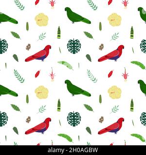 Seamless pattern with eclectus parrots in red and green color, tropical leaves and flowers. Cute baby print for fabric and textile. Stock Vector