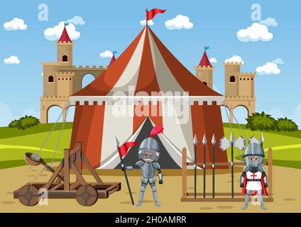 Military medieval camp with tents and weapons illustration Stock Vector ...
