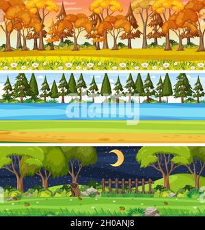 Set of different nature horizontal scenes illustration Stock Vector