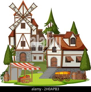 Medieval village with villagers on white background illustration Stock Vector