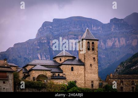 The village of Torla in the Ordesa Monte Perdido National Park in the Pyrenees. Spain. Stock Photo
